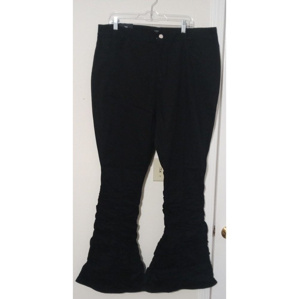 Plus Size Black Shirring Ruched Denim Flare Pants Size 3X